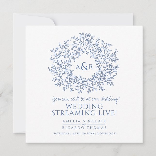 Monogram white blue leaves wedding live stream announcement (Front)