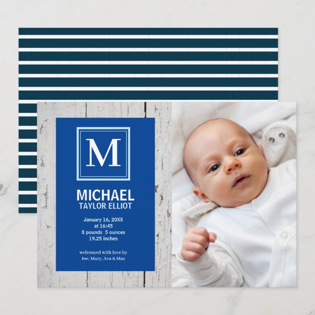 Monogram White Blue Stripe Photo Baby Boy Birth Announcement (Front/Back)