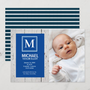 Monogram White Blue Stripe Photo Baby Boy Birth Announcement