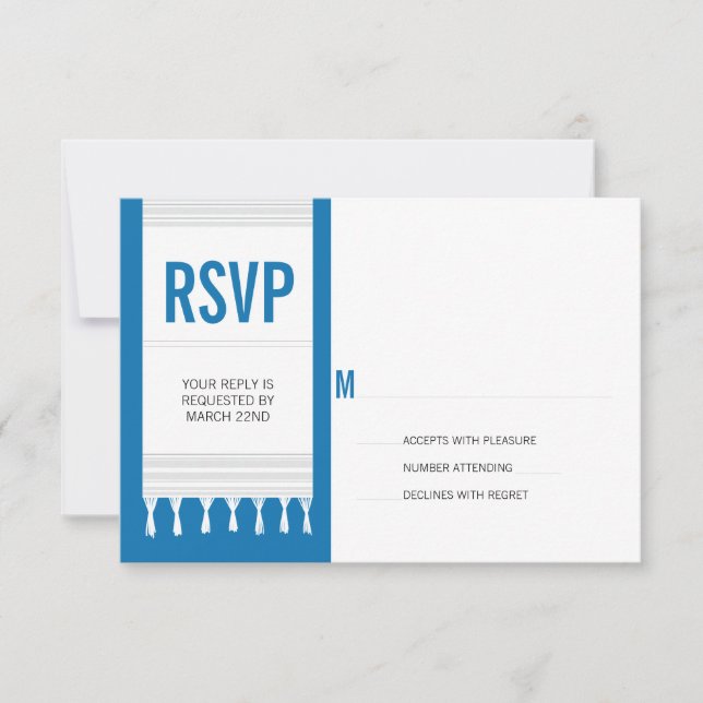 Monogram White Blue Tallit Bar Mitzvah RSVP Reply Card (Front)