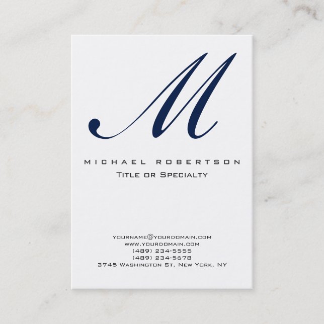 Monogram White Blue Unique Chubby Business Card (Front)