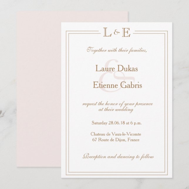 Monogram white blush gold ampersand modern wedding invitation (Front/Back)
