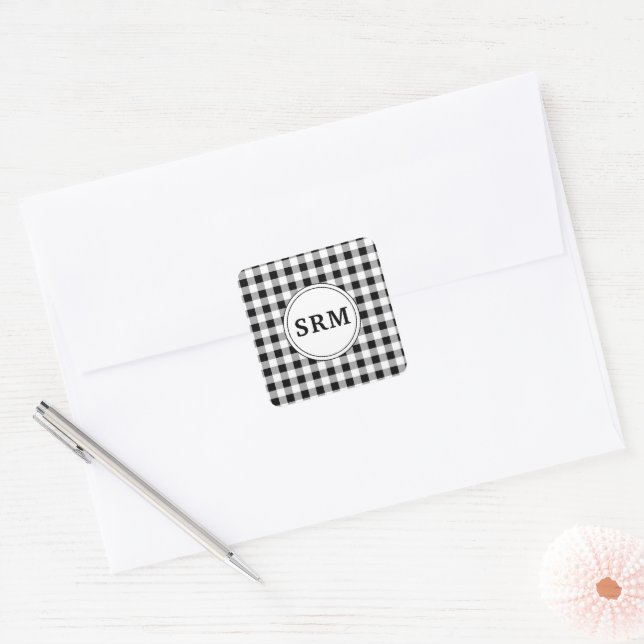 Monogram, White Buffalo Check Pattern 1.5-in Square Sticker (Envelope)