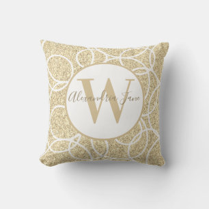 Monogram White Circle Gold Glitter Modern Abstract Cushion