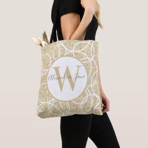Monogram White Circle Gold Glitter Modern Abstract Tote Bag