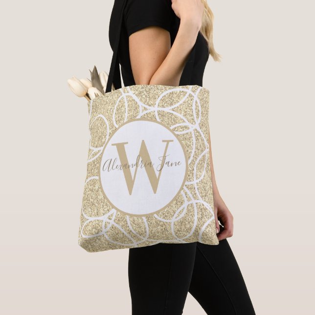 Monogram White Circle Gold Glitter Modern Abstract Tote Bag (Close Up)