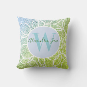 Monogram White Circles Blue Green Glitter Throw Pi Cushion