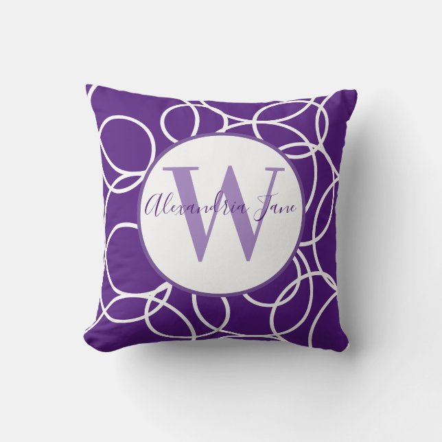 Monogram White Circles Purple Modern Abstract Cushion (Front)