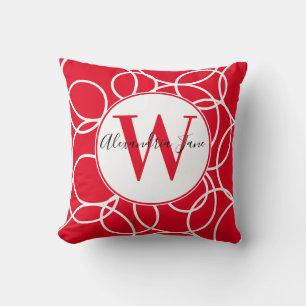 Monogram White Circles Red Modern Abstract Cushion