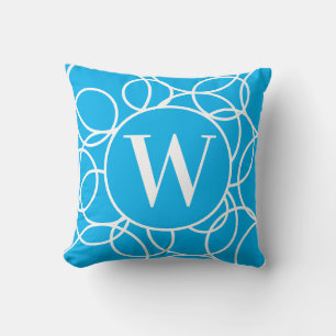 Monogram White Circles Sky Blue Modern Abstract Cushion