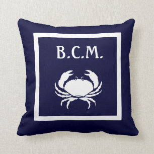 monogram & WHITE CRAB & Anchor WHITE on BLUE Cushion