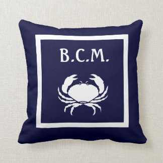 monogram & WHITE CRAB & Anchor WHITE on BLUE Cushion