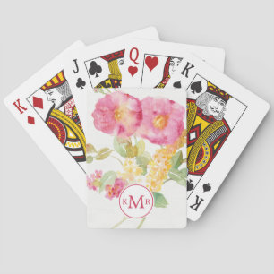 Monogram White Daisy on Blue Playing Cards