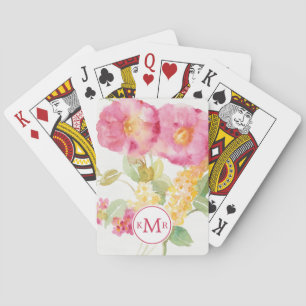 Monogram White Daisy on Blue Playing Cards