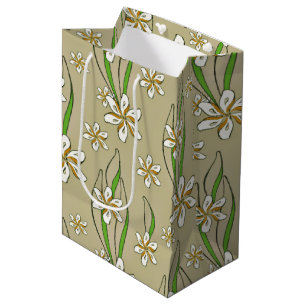 Monogram white floral Beige background Medium Gift Bag