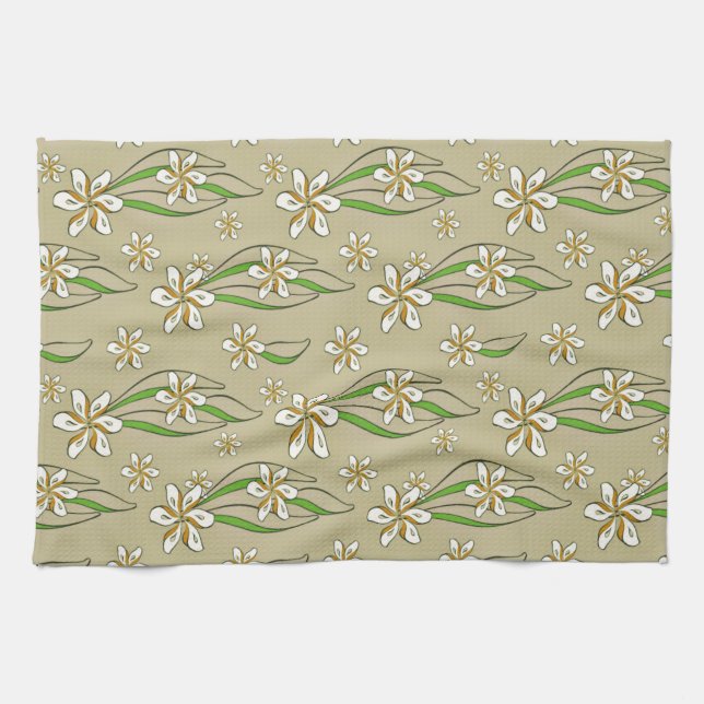 Monogram white floral Beige background Tea Towel (Horizontal)