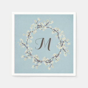 monogram white floral branch wreath on aqua napkin