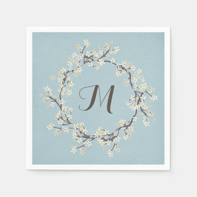 monogram white floral branch wreath on aqua napkin (Front)