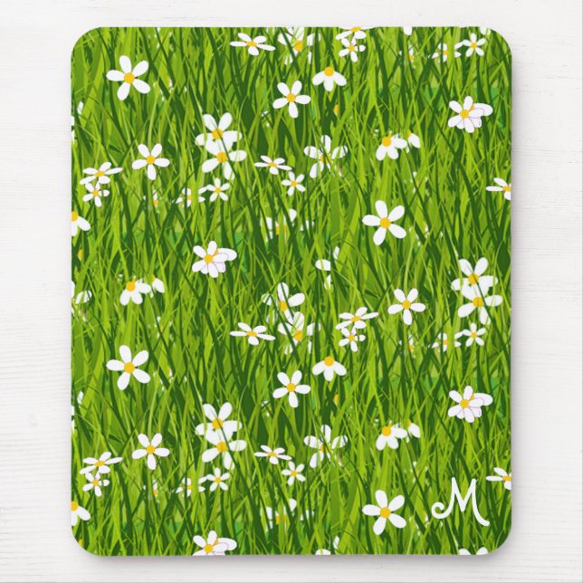 Monogram, White Flowers and Green Leaves Mouse Mat (Front)