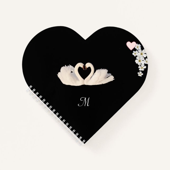 Monogram White Flowers and Swans on Black Notebook (Front)