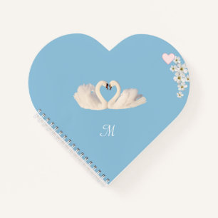 Monogram White Flowers and Swans on Light Blue Notebook