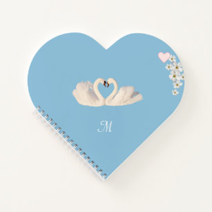 Monogram White Flowers and Swans on Light Blue Notebook