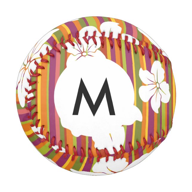 Monogram White flowers on a striped background Baseball (Front Left)