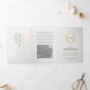 Monogram white gold black wedding meal RSVP map Tri-Fold Invitation
