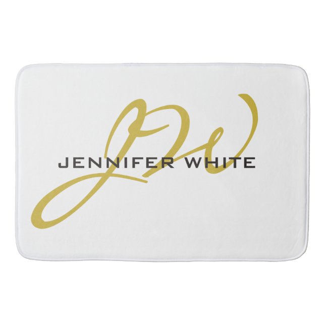 Monogram White Gold Colour Plain Modern Minimalist Bath Mat (Front)