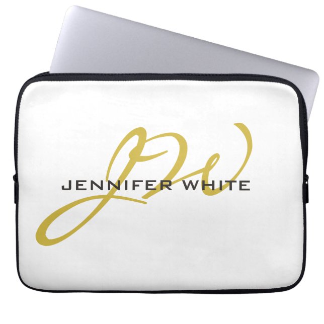 Monogram White Gold Colour Plain Modern Minimalist Laptop Sleeve (Front)