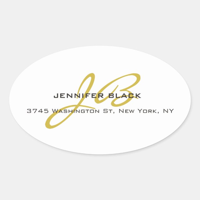 Monogram White Gold Colour Plain Modern Minimalist Oval Sticker (Front)