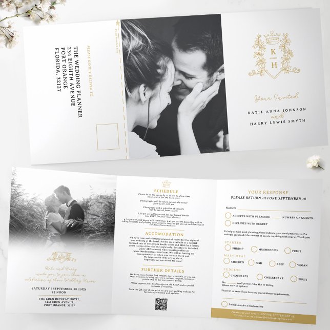 Monogram white gold crown wedding meal option RSVP Tri-Fold Invitation (Creator Uploaded)