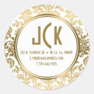 Monogram White & Gold Floral Damasks Pattern Classic Round Sticker