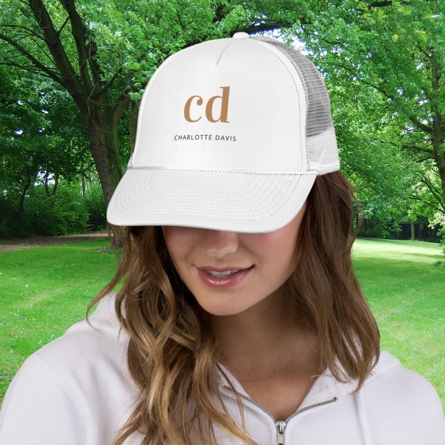 Monogram white gold name elegant modern trucker hat (Creator Uploaded)