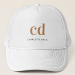 Monogram white gold name elegant modern trucker hat<br><div class="desc">A classic chic white background. Personalise and add your monogram initials written with golden block letters and your name in black and golden. Modern,  trendy and simple.</div>