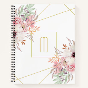 Monogram White Gold   Pink Floral Notebook