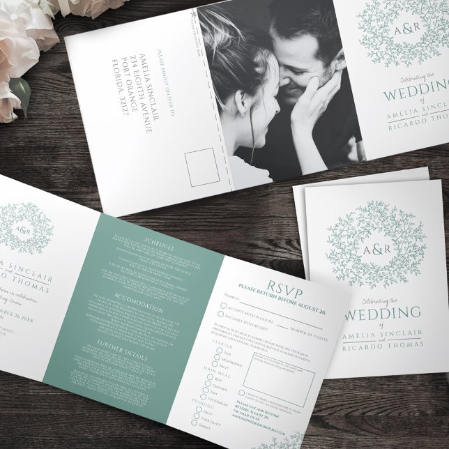 Monogram white green leaves wedding all-in-one Tri-Fold invitation (Creator Uploaded)