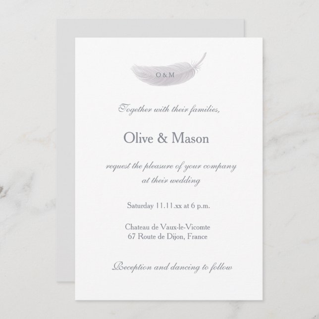Monogram White Grey Angel Feather Elegant Wedding Invitation (Front/Back)