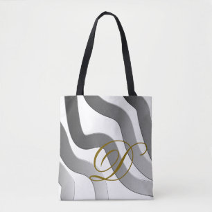 Monogram white grey gold gradient line abstract tote bag