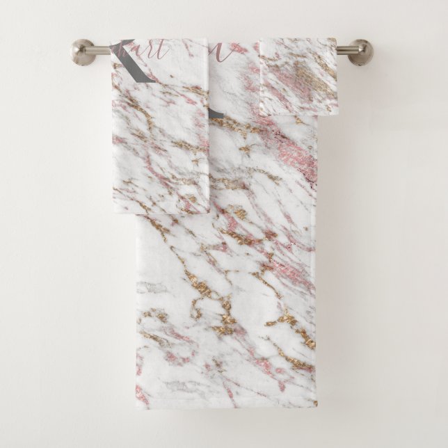 Monogram White Grey Gold Pink Marble Trendy  Bath Towel Set (Insitu)