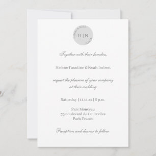 Monogram White Grey Modern Minimalist Wedding Invitation