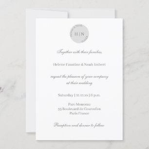 Monogram White Grey Modern Minimalist Wedding Invitation