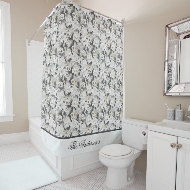 Monogram White Grey Swan Floral Elegant Stylish Shower Curtain (In Situ)