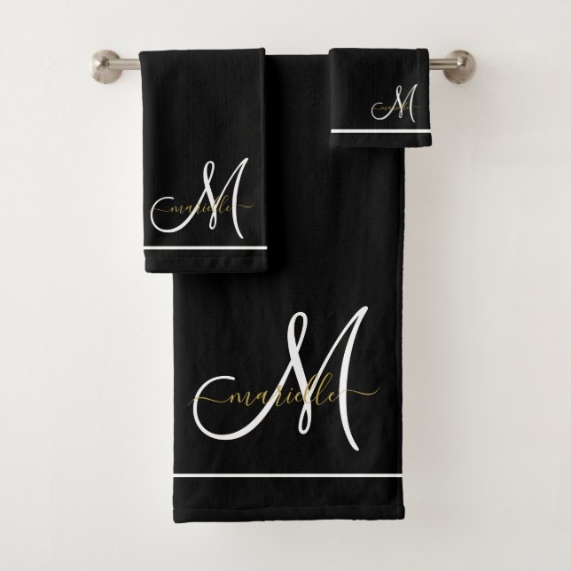Monogram White Initial Gold Script Name  Bath Towel Set (Insitu)