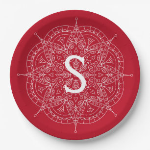 Monogram White Lace On Red  Paper Plate