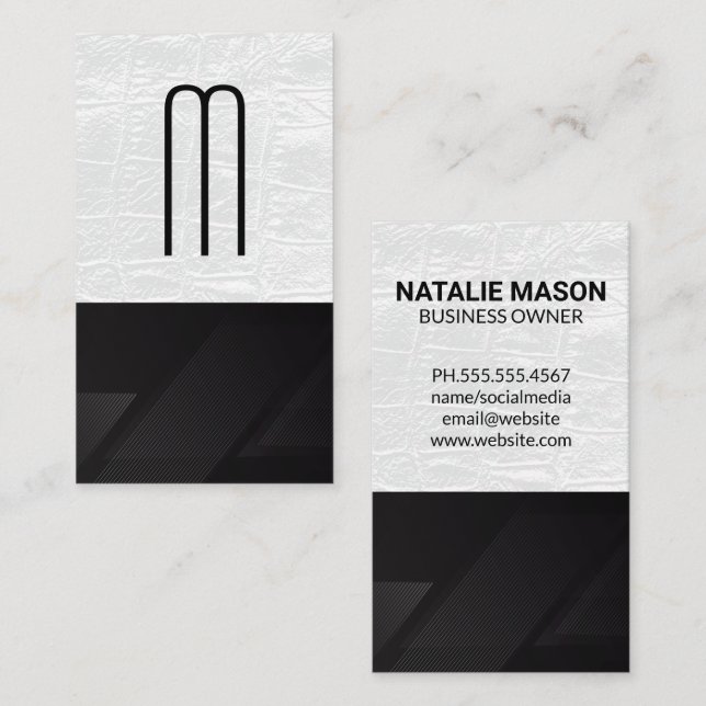 Monogram | White Leather | Line Pattern Business Card (Front/Back)