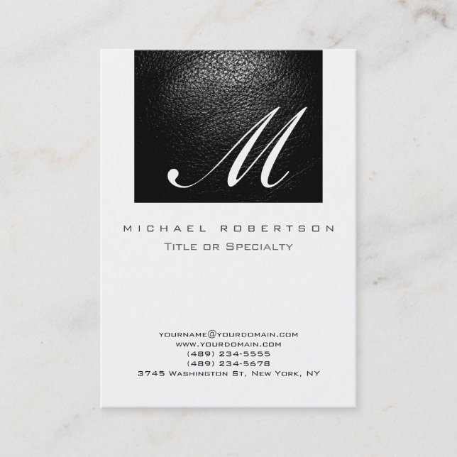 Monogram White Leather Stripe Chubby Business Card (Front)