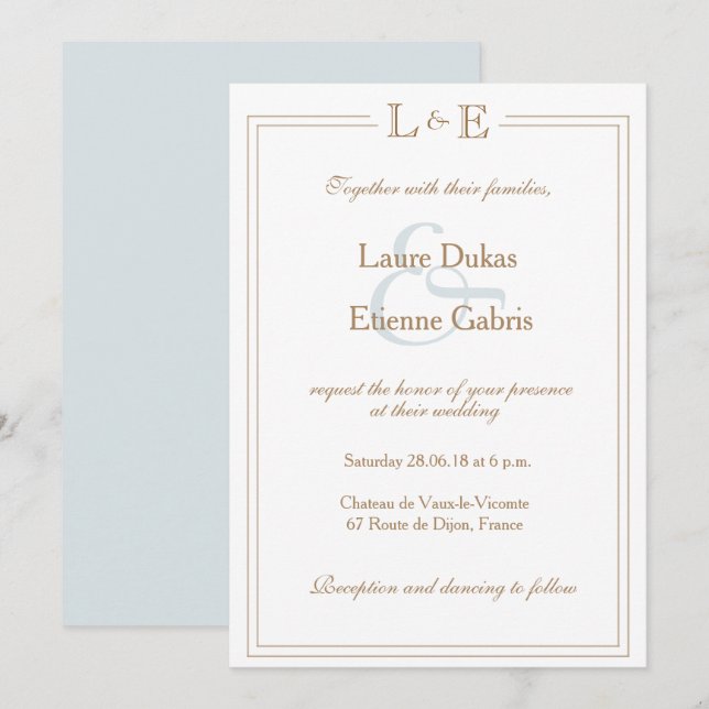 Monogram white light blue ampersand modern wedding invitation (Front/Back)