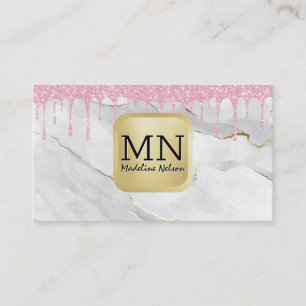 Monogram   White Marble   Glitter Drip Pink Business Card