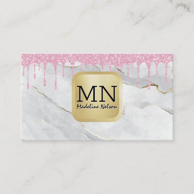 Monogram | White Marble | Glitter Drip Pink Business Card (Front)